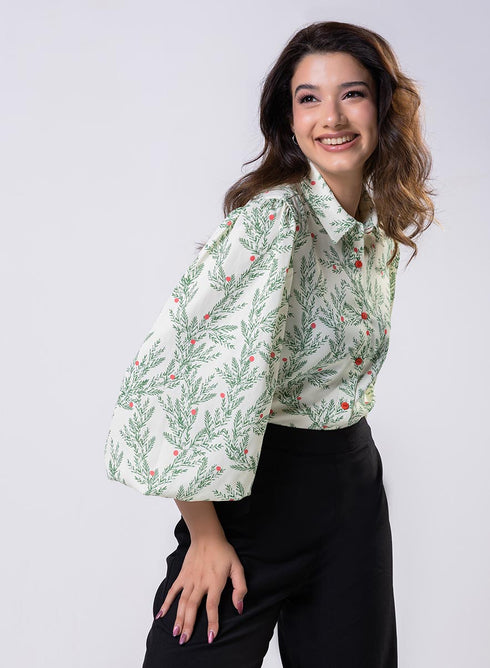 Long Sleeve Elasicated Printed Chiffon Shirt Top
