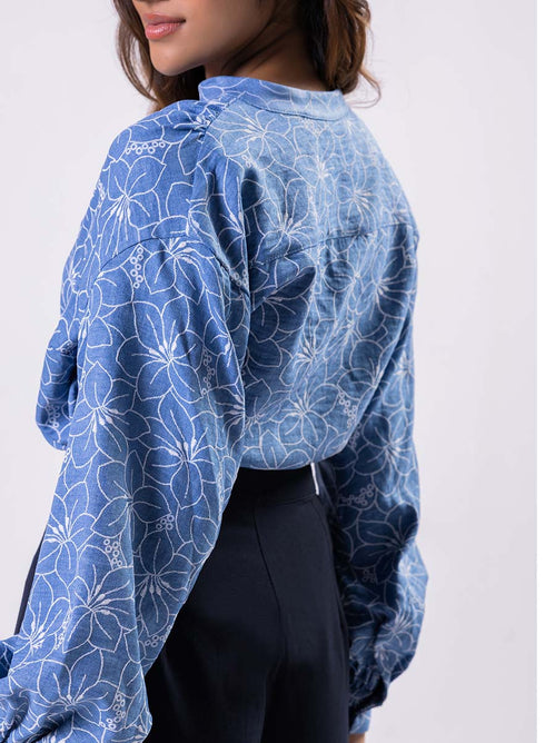 V Neck Mandarine Collar Top-Blue