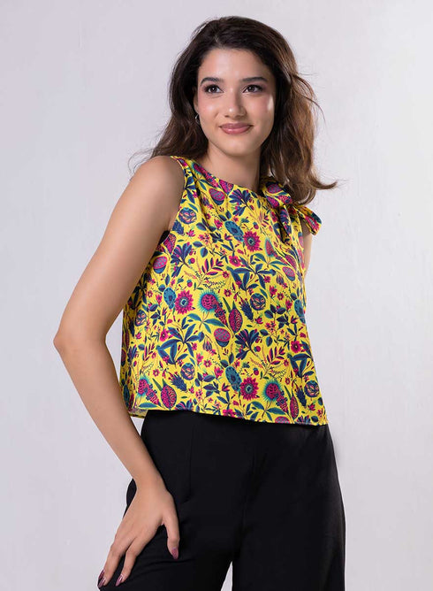 Sleeveless Printed Yellow Top With A Bow