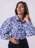 Long Sleeve Elasicated Printed Chiffon Shirt Blue Top