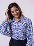 Long Sleeve Elasicated Printed Chiffon Shirt Blue Top