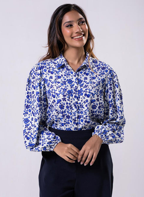 Long Sleeve Elasicated Printed Chiffon Shirt Blue Top