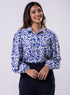 Long Sleeve Elasicated Printed Chiffon Shirt Blue Top