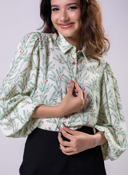 Long Sleeve Elasicated Printed Chiffon Shirt Top