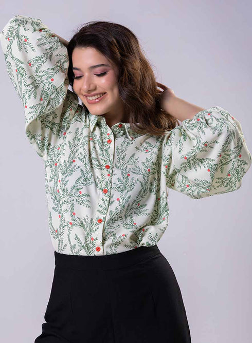 Long Sleeve Elasicated Printed Chiffon Shirt Top