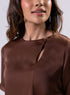 Side Neck Buttoned Short Sleeve Satin Top -Brown