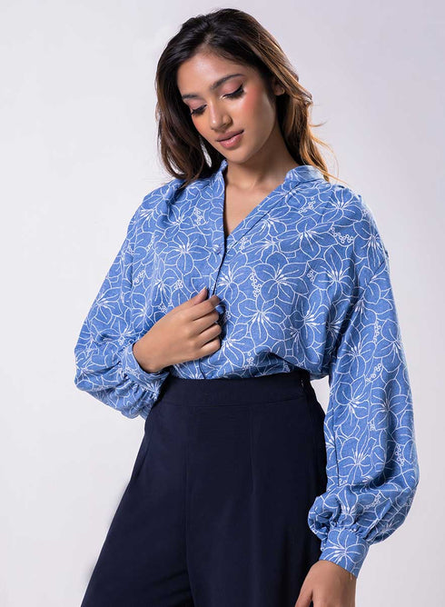 V Neck Mandarine Collar Top-Blue