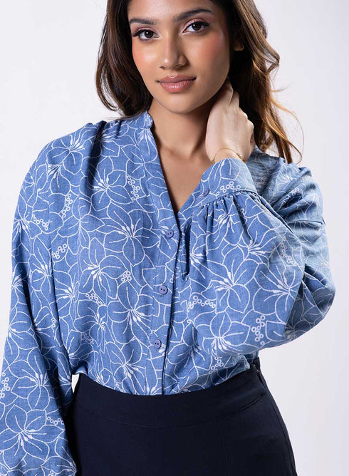 V Neck Mandarine Collar Top-Blue