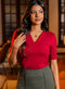 Curve V Neck Ponte Top - Maroon