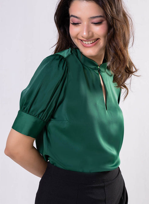 Deep Opened V Neck With A Band Satin Green Top