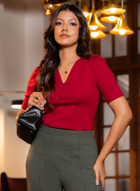 Curve V Neck Ponte Top - Maroon