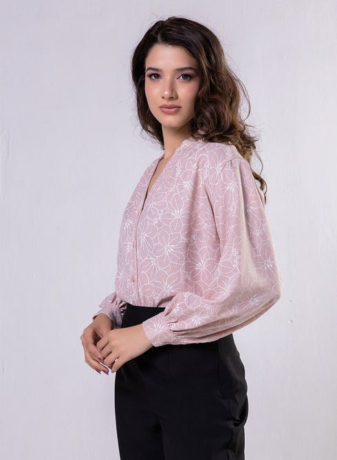 V Neck Mandarine Collar Top-Pink