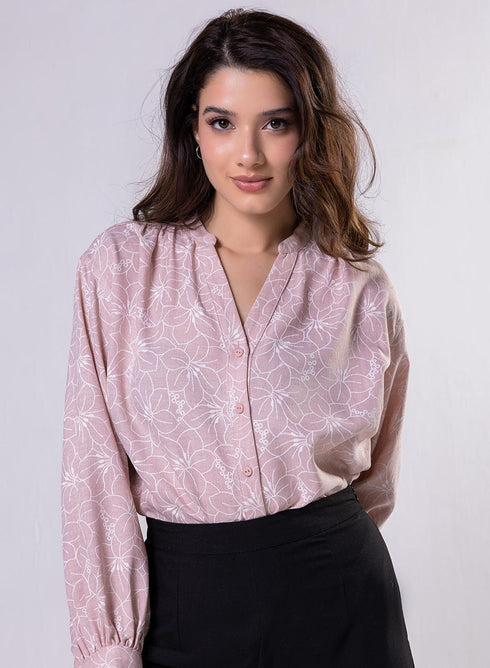V Neck Mandarine Collar Top-Pink