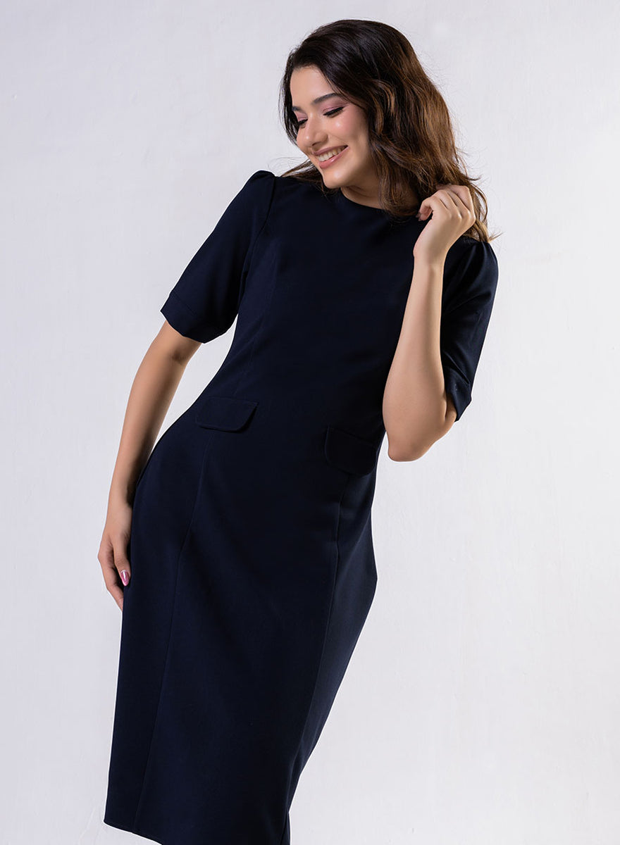 12979 Navy Blue Lace Up Neck Shift Dress main image 0