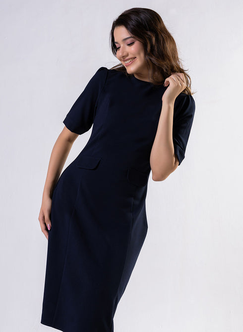 Round Neck Shift Dress With Flaps -Navy Blue