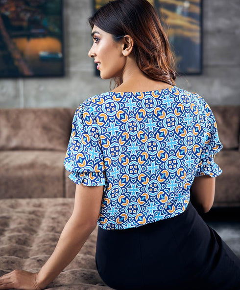 Vneck Chiffon Printed Half Sleeve Top