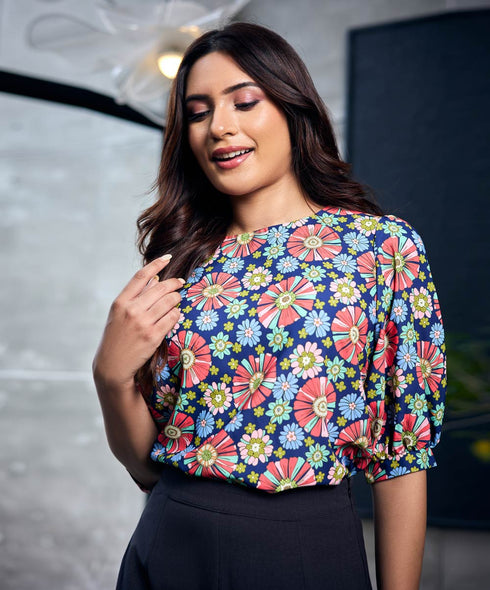 Half Sleeve Blue Printed Chiffon Top