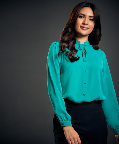 Solid Tie Neck Blouse-Green