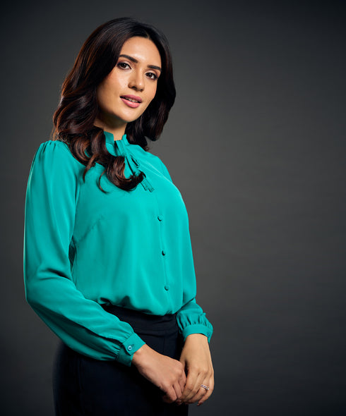 Solid Tie Neck Blouse-Green