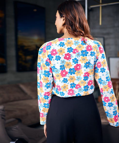 Long Sleeve Gathered Chiffon Printed Top