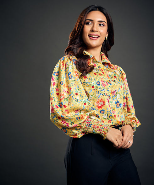 Classic Collar Printed Satin Shirt Top