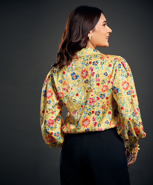 Classic Collar Printed Satin Shirt Top