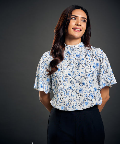 Sleeve Flutter Printed Chiffon Top