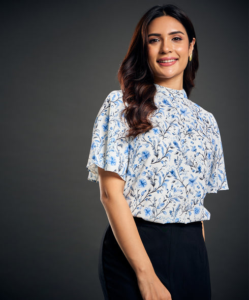 Sleeve Flutter Printed Chiffon Top