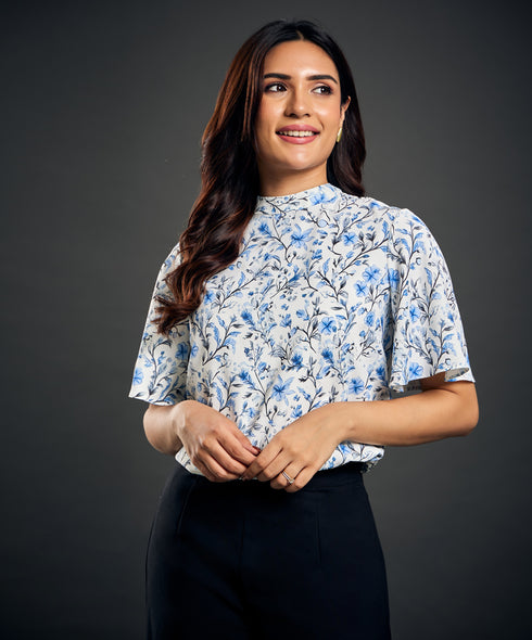 Sleeve Flutter Printed Chiffon Top