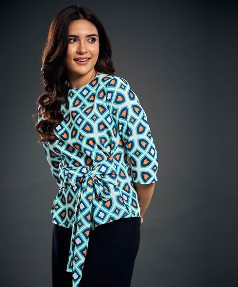 Front Tie Half Sleeve Printed Top