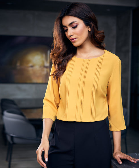 Front Pintuck Long Sleeve Yellow Top