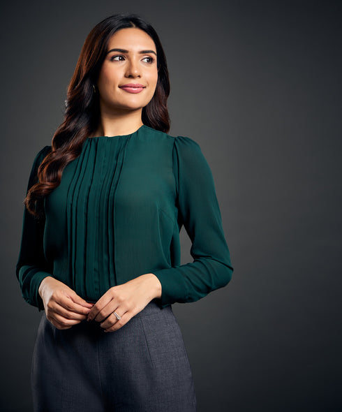 Front Pintuck Chiffon Green Top