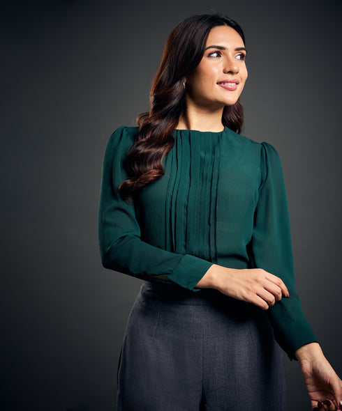 Front Pintuck Chiffon Green Top