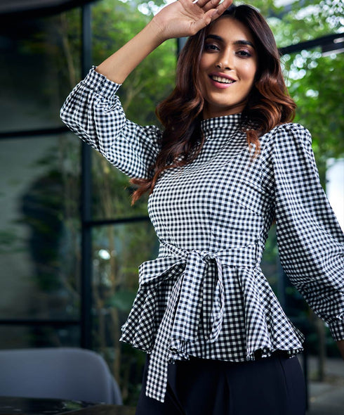 Gingham Waist Tie Peplum Top