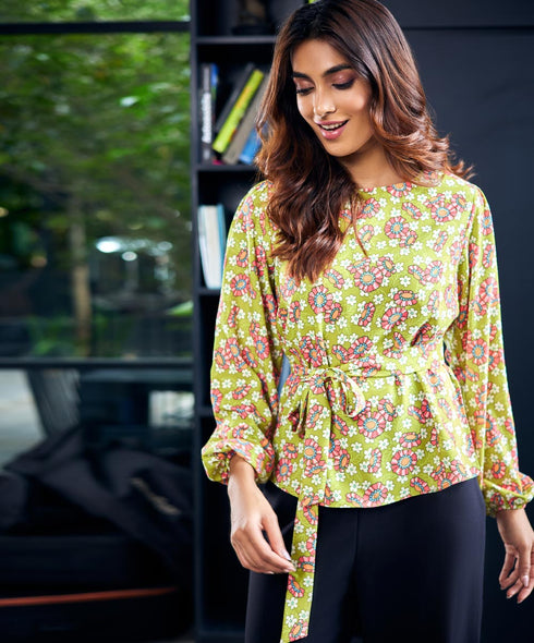 Printed Waist Tie Chiffon Top