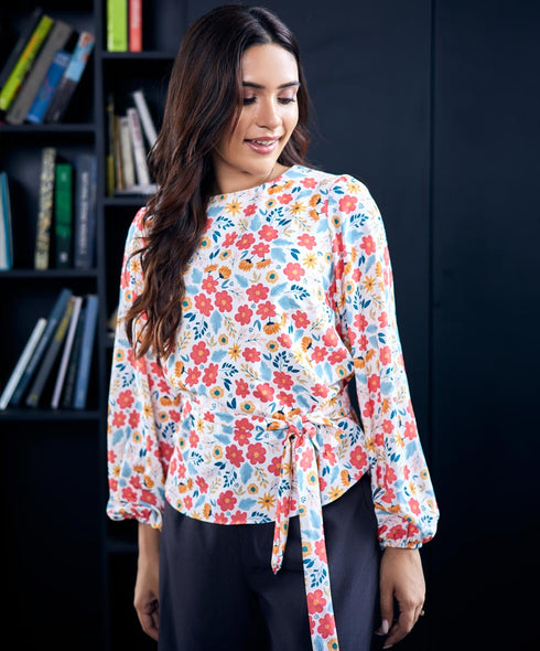 Floral Printed Waist Tie Chiffon Top