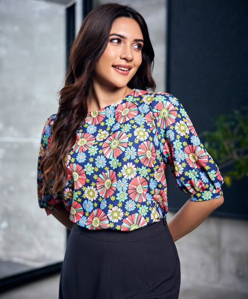 Half Sleeve Blue Printed Chiffon Top