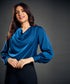 Draped Collar Lantern Sleeve Blue Blouse