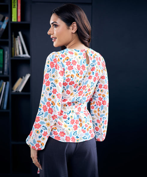 Floral Printed Waist Tie Chiffon Top