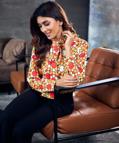 Neck Tie Printed Chiffon Top