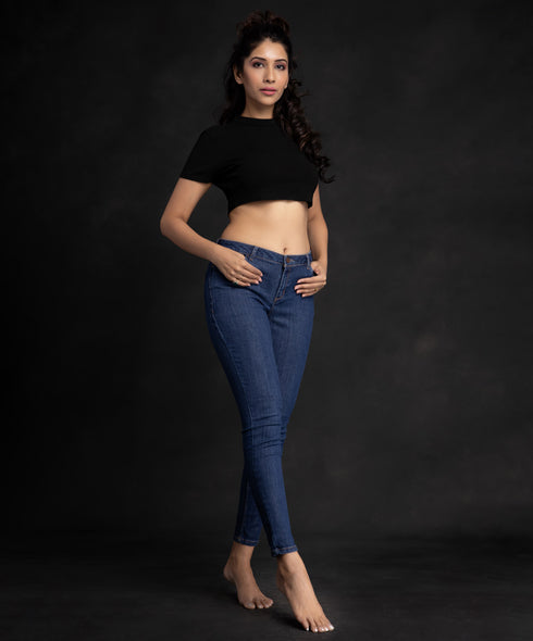 Single Buttoned Dark Blue Fitted Jean