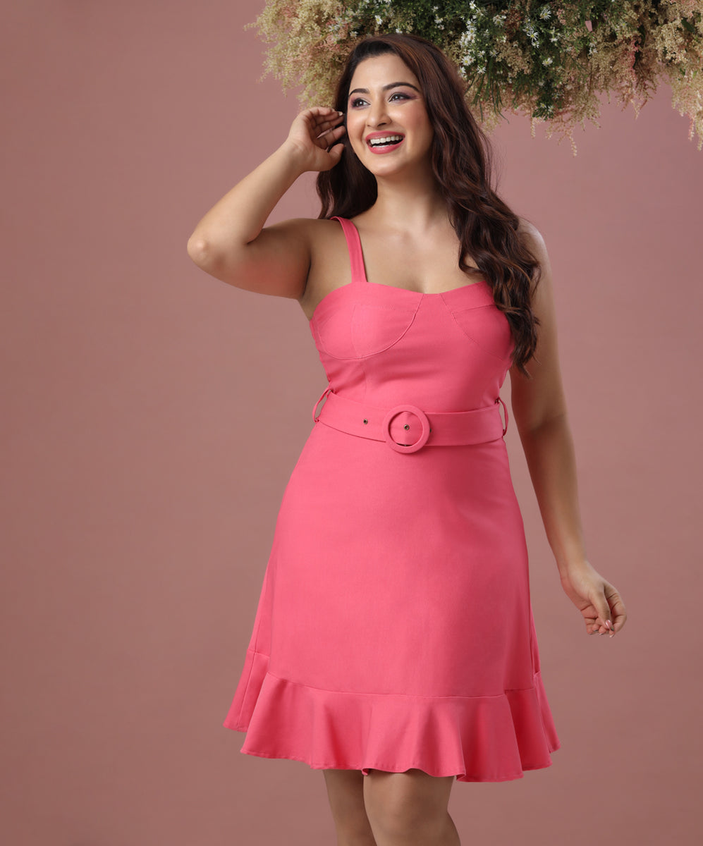 Pink Zig Zag Shoulder Straps Mini Dress