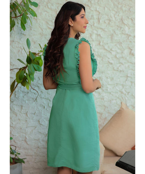 Front Buttoned Vneck Linen Dress