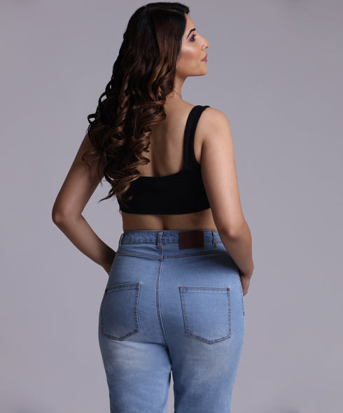 Blue High Rise Hem Fray Jean