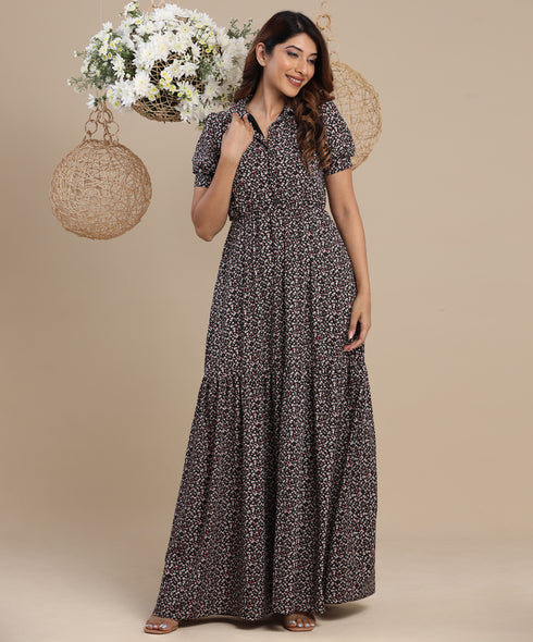 Sleeve Detailed Maxi Dress With Collar