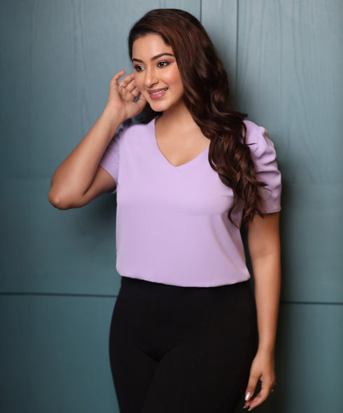 Vneck Chiffon Puffed Sleeve Top