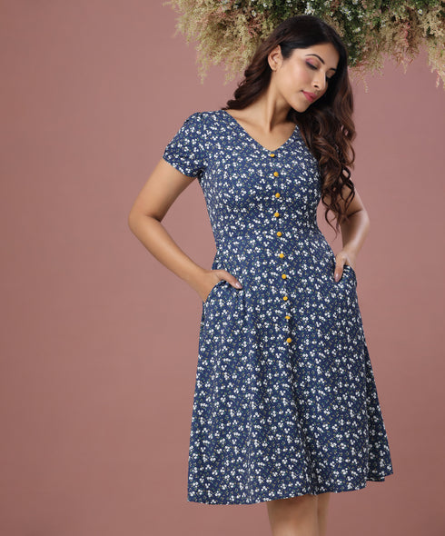 Vneck Front Buttoned Ditsy Floral Dress