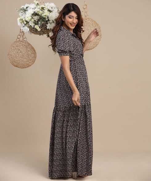 Sleeve Detailed Maxi Dress With Collar