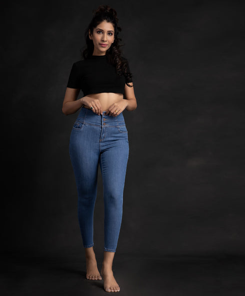 Triple Button High Waist Light Blue Jean