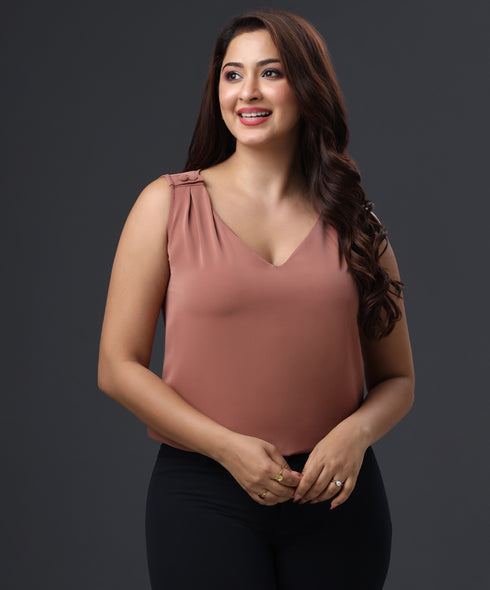 Vneck Shoulder Buttoned Brown Chiffon Top